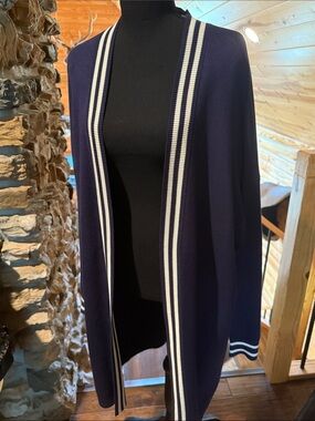 Truth Navy Open-Front Cardigan/ duster  with White Stripe Trim